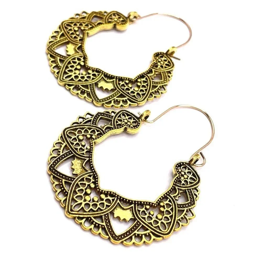 Yellow Gold Detailed Boho Mandala Dangling Drop Hinged Hook Earrings